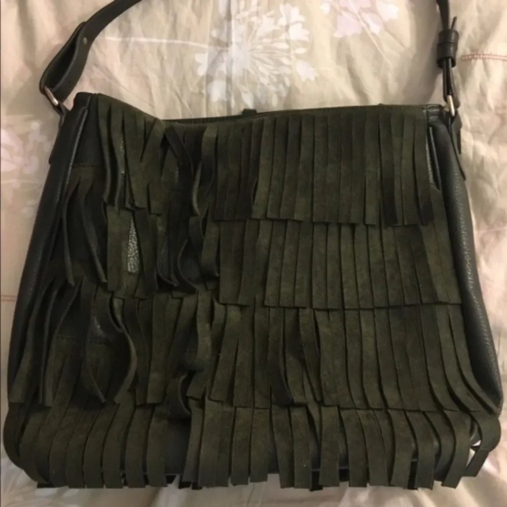 Free People Ashbury Fringe Vegan Leather Olive Green Tote.